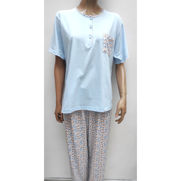 Pijama meia manga e calça Flores Azul e Laranja 23019