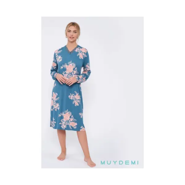 Camisa de Noite fina Floral Salmão Decote V 290003