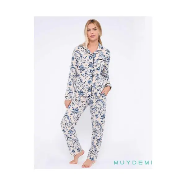 Pijama-casaco fino manga comprida 290014 Floral Azul