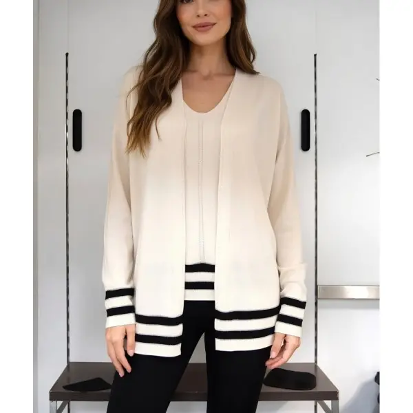 Casaco de malha fina aberto borda listrada 26101