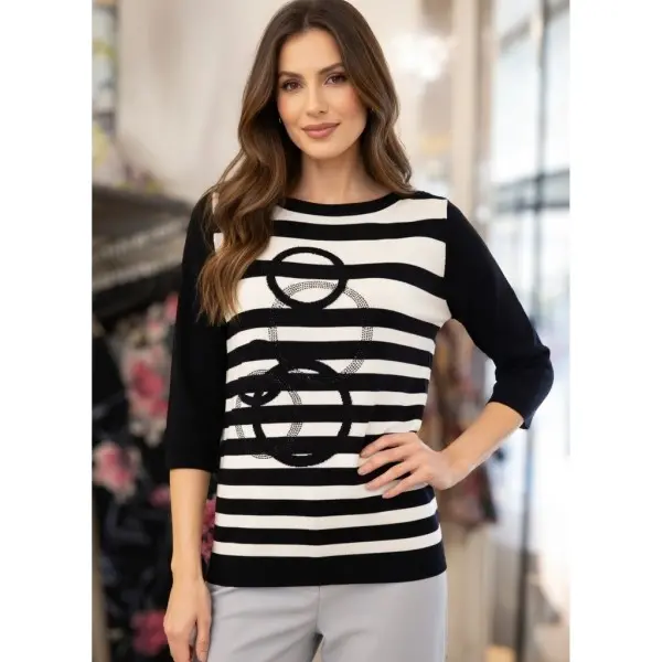 Camisola malha fina e manga 3/4 listras e círculos 26110