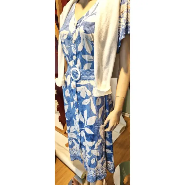 Vestido manga curta folhagem azul de abotoar 26190