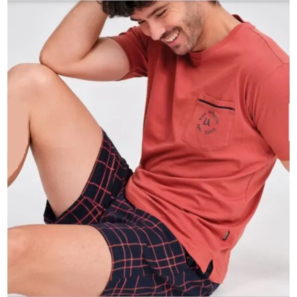 Pijama manga curta e calção xadrez tijolo 303